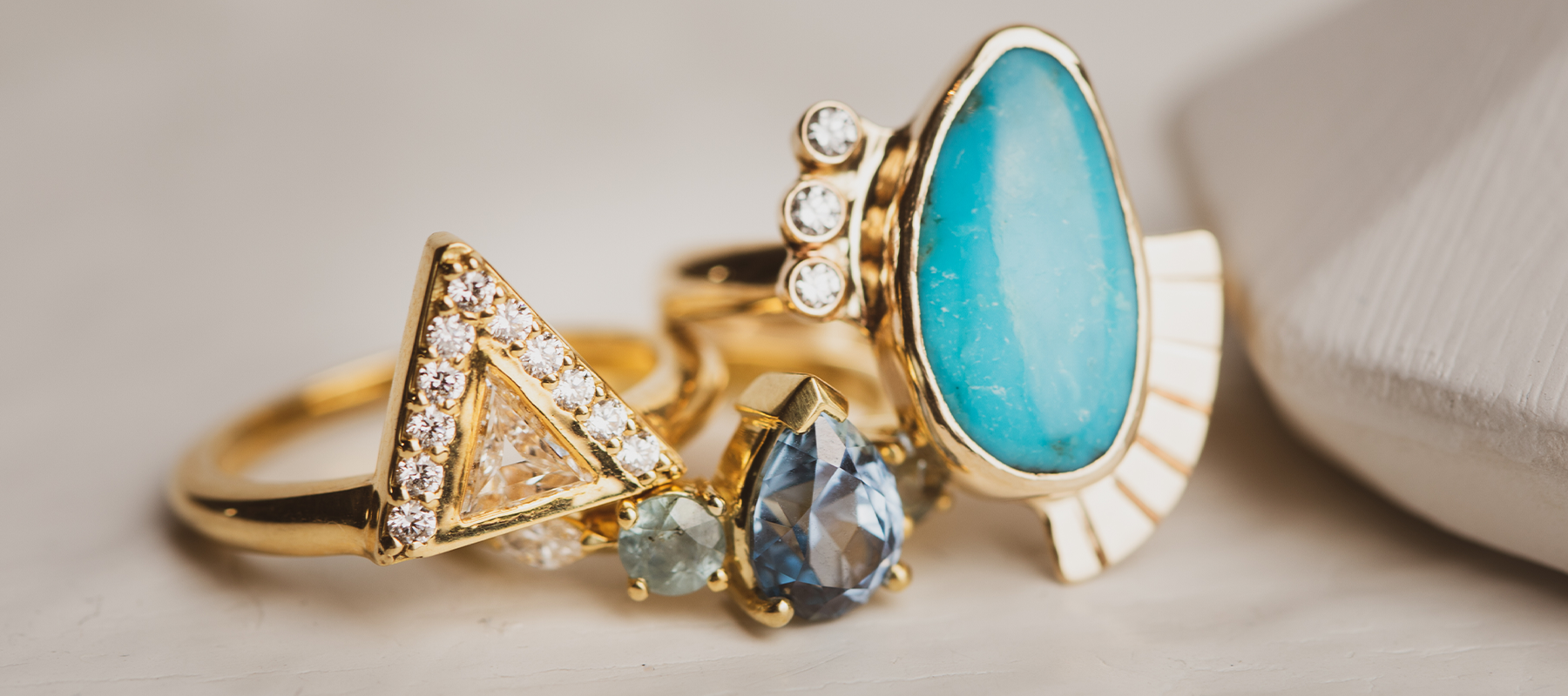 Sapphire, turquoise, diamond gold engagement rings