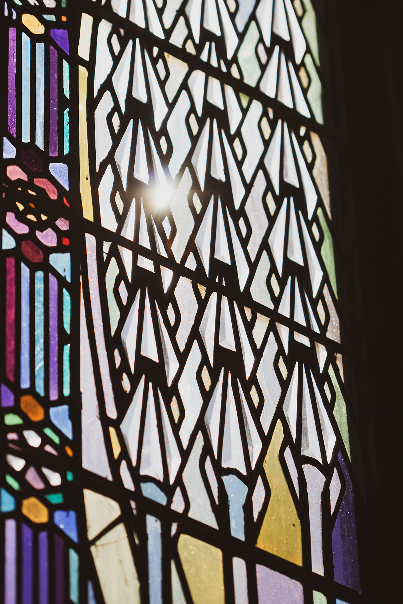 Art Deco geometric stained glass window from Boston Avenue Methodist church in Tulsa