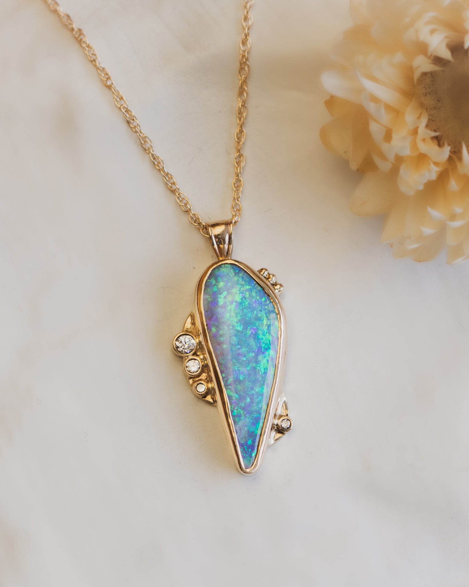 Opal and Diamond Necklace in 14K Gold