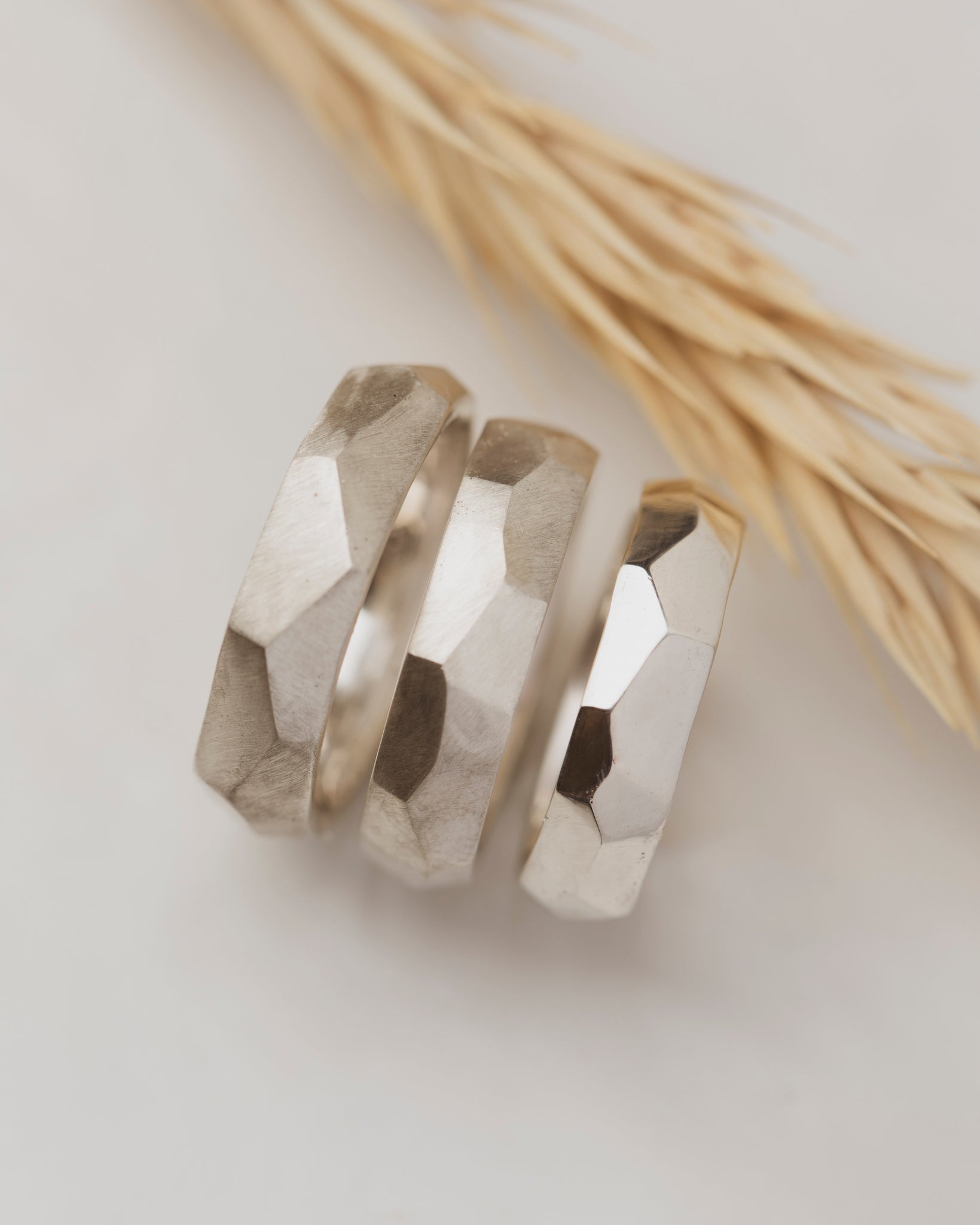 Multi-faceted sterling silver Vertex bands in brushed or polished finish
