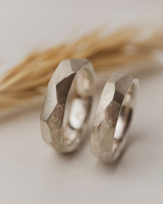 Multi-faceted sterling silver Vertex bands in brushed finish