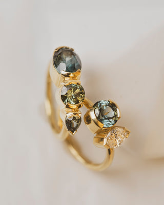 Three Stone Montana Sapphire Engagement Ring with  Sapphire and Marquise Diamond Engagement Ring in 18K Yellow Gold