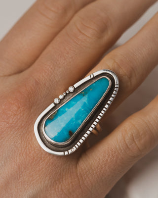 Drop of Ocean Santa Maria Turquoise and Diamond Ring in Sterling Silver on Model Hand