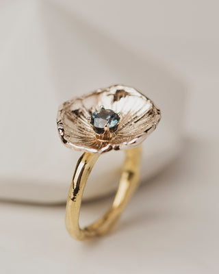 One of a kind 18K White Gold Flower Petal Ring with 0.67 carat Montana Sapphire on band of 18K yellow gold