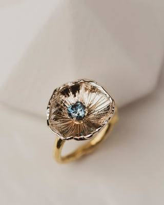 One of a kind 18K White Gold Flower Petal Ring with 0.67 carat Montana Sapphire on band of 18K yellow gold