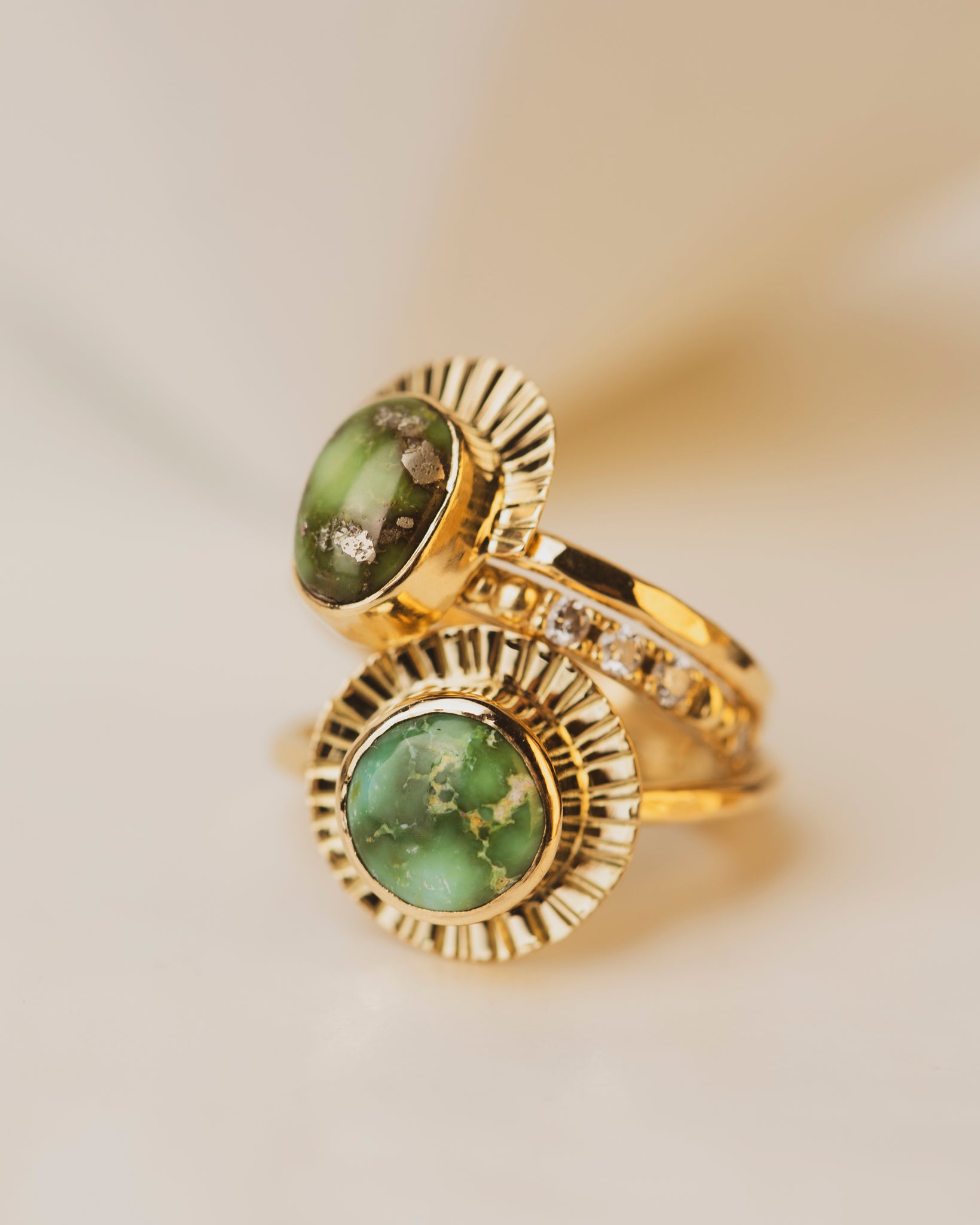 Round and Pear Sonoran Gold Turquoise bezel set in 18K yellow gold on full and half gold shield. One of a kind rings!