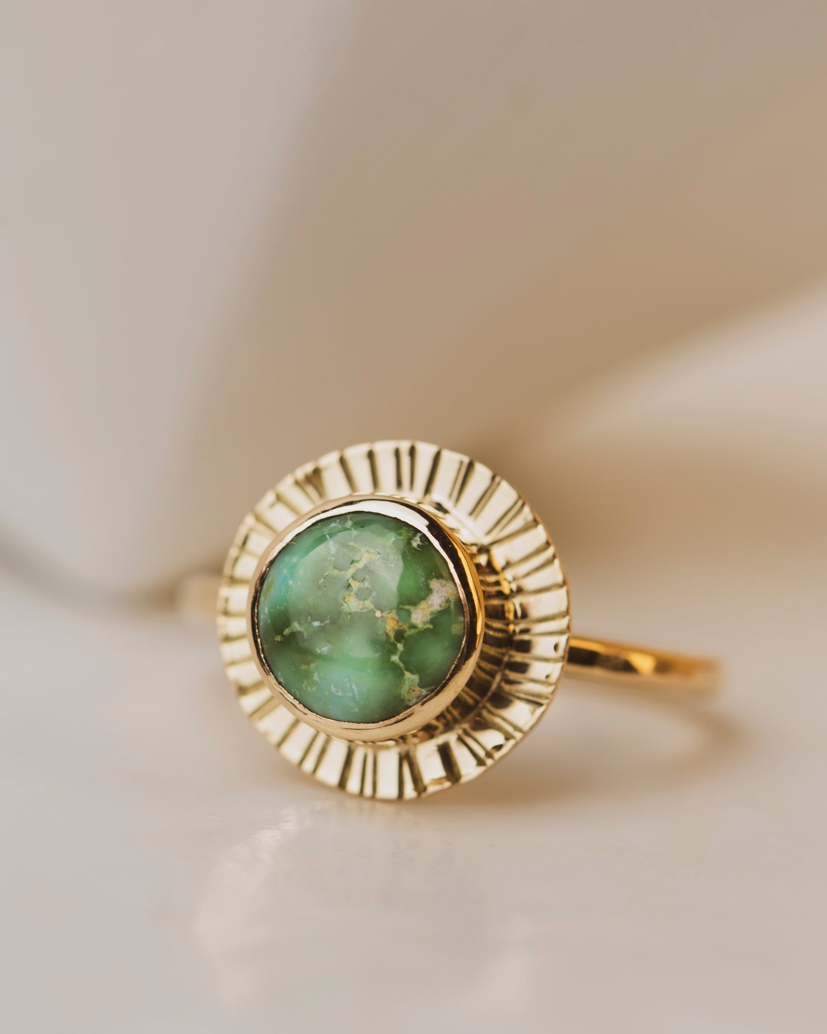 9.2mm Round Sonoran Turquoise Bezel Set in 18K yellow gold with on 13mm round  gold shield