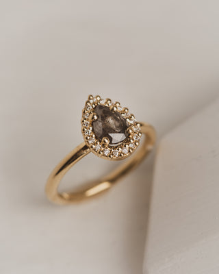 14K Yellow Gold Engagement Ring with Pear shaped Galaxy Diamond in white diamond halo