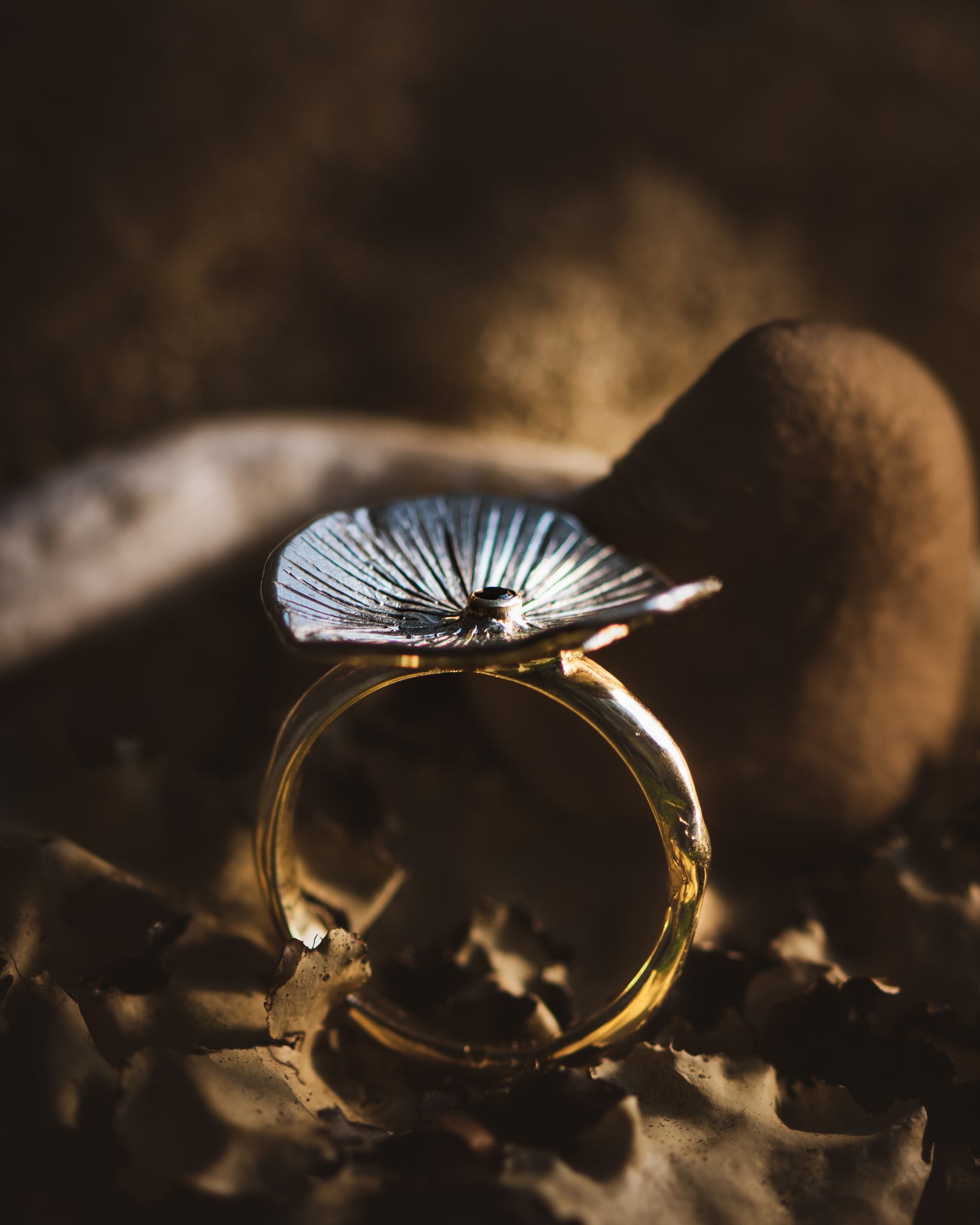 14K Gold with Black Diamond Mushroom Ring